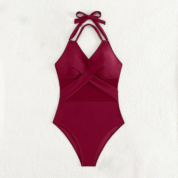 HGps8w Women's Halter One Piece Swimsuit Mesh Patchwork Ruched Tummy Control Bat - Picture 3 of 7